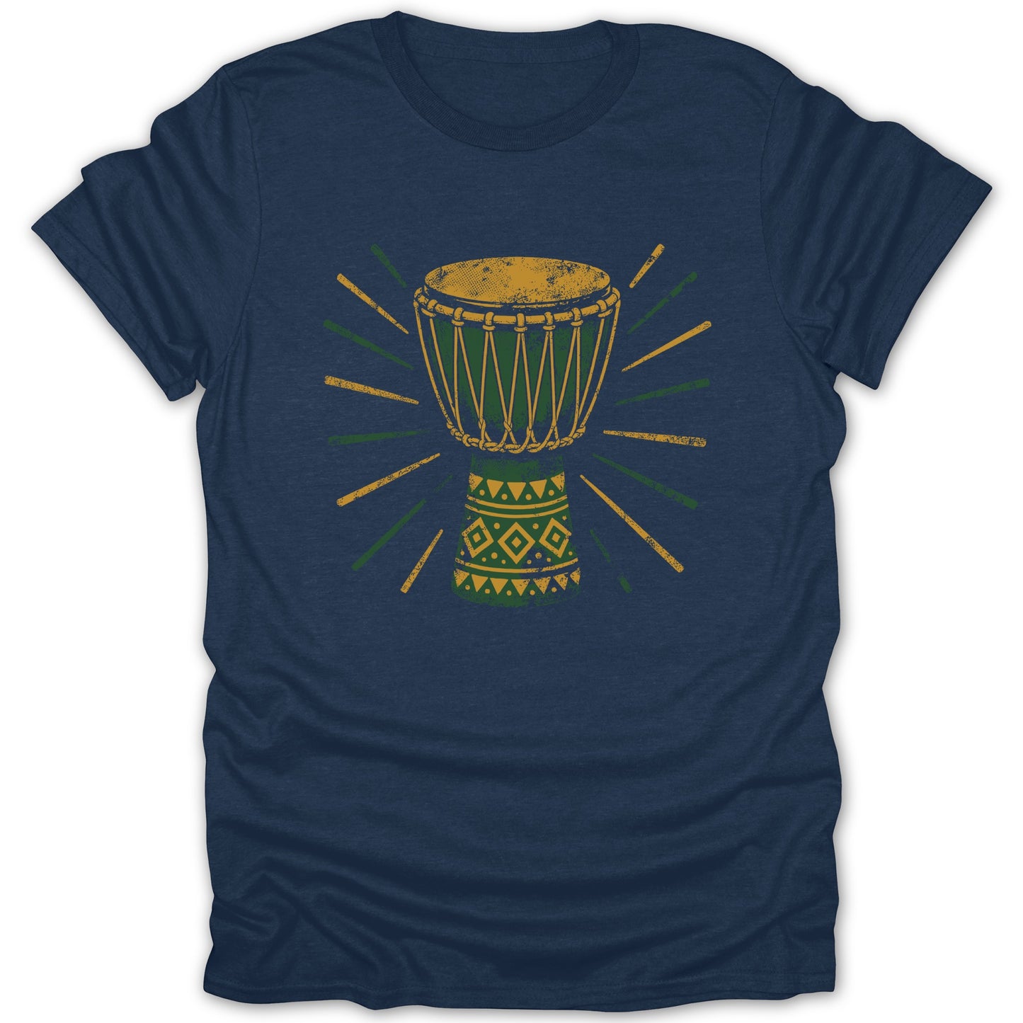 Navy t-shirt with a distressed green and gold djembe drum graphic and emanating lines.