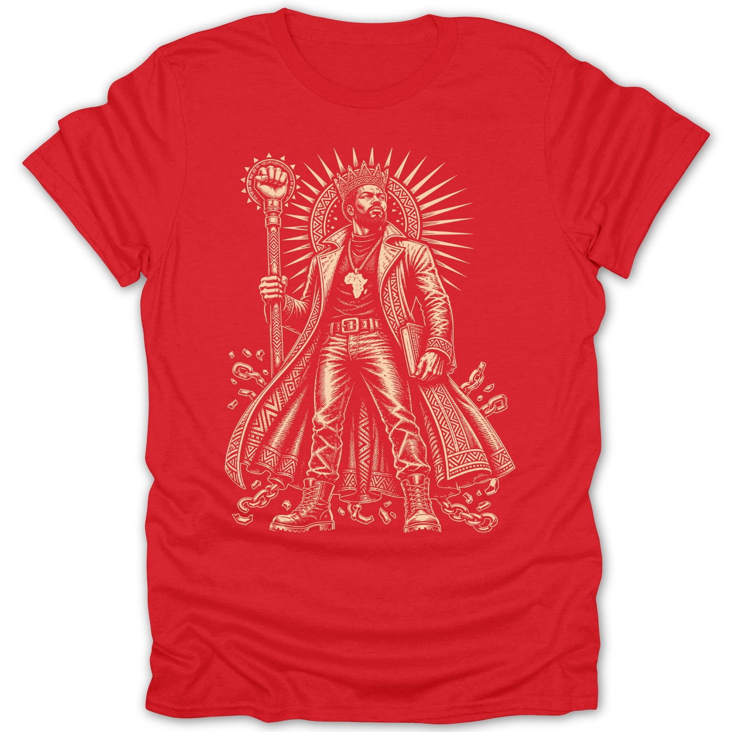 Red t-shirt with a distressed line art print of a crowned man holding a mace and book.