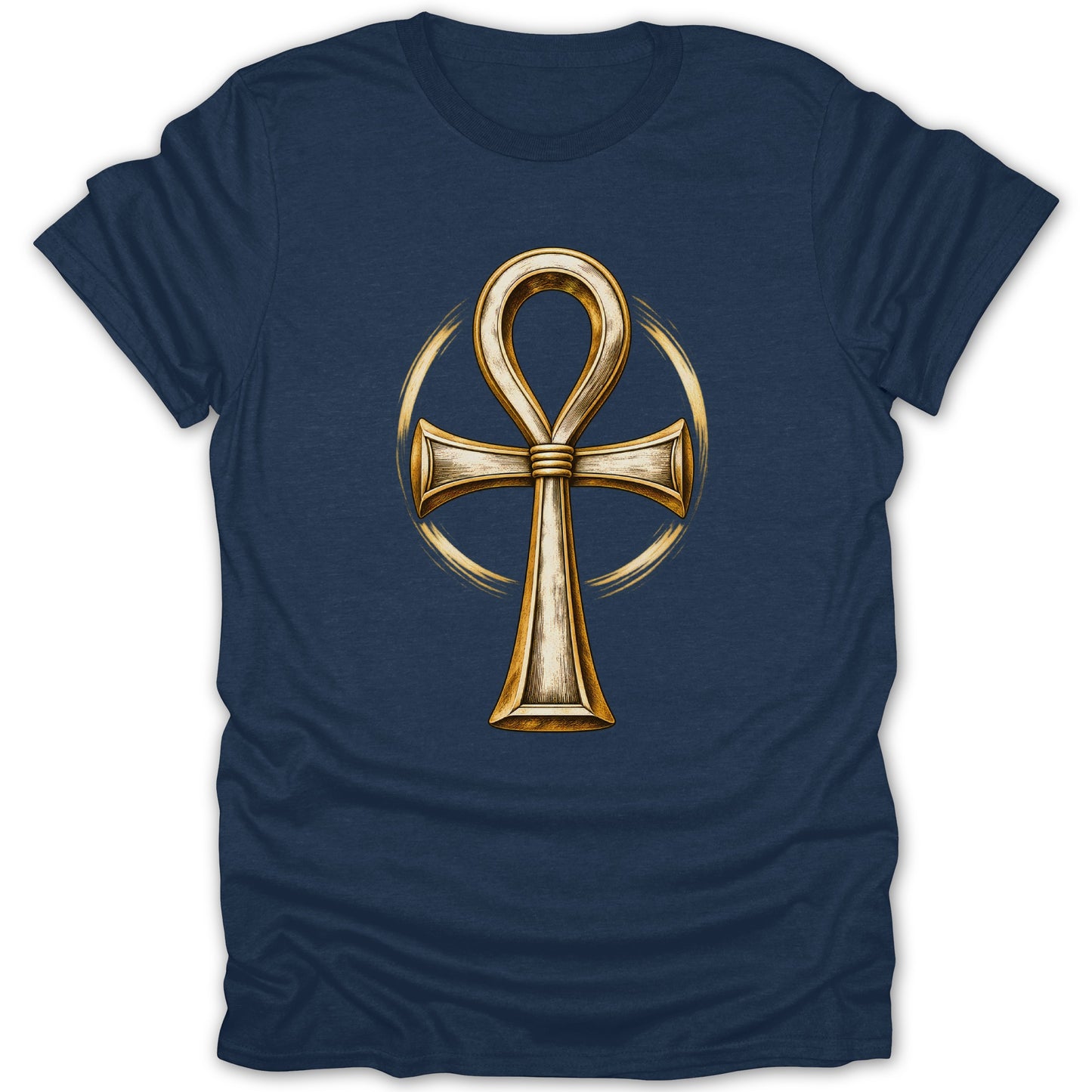 Gold ankh symbol on a dark blue t-shirt, with a golden halo behind it.