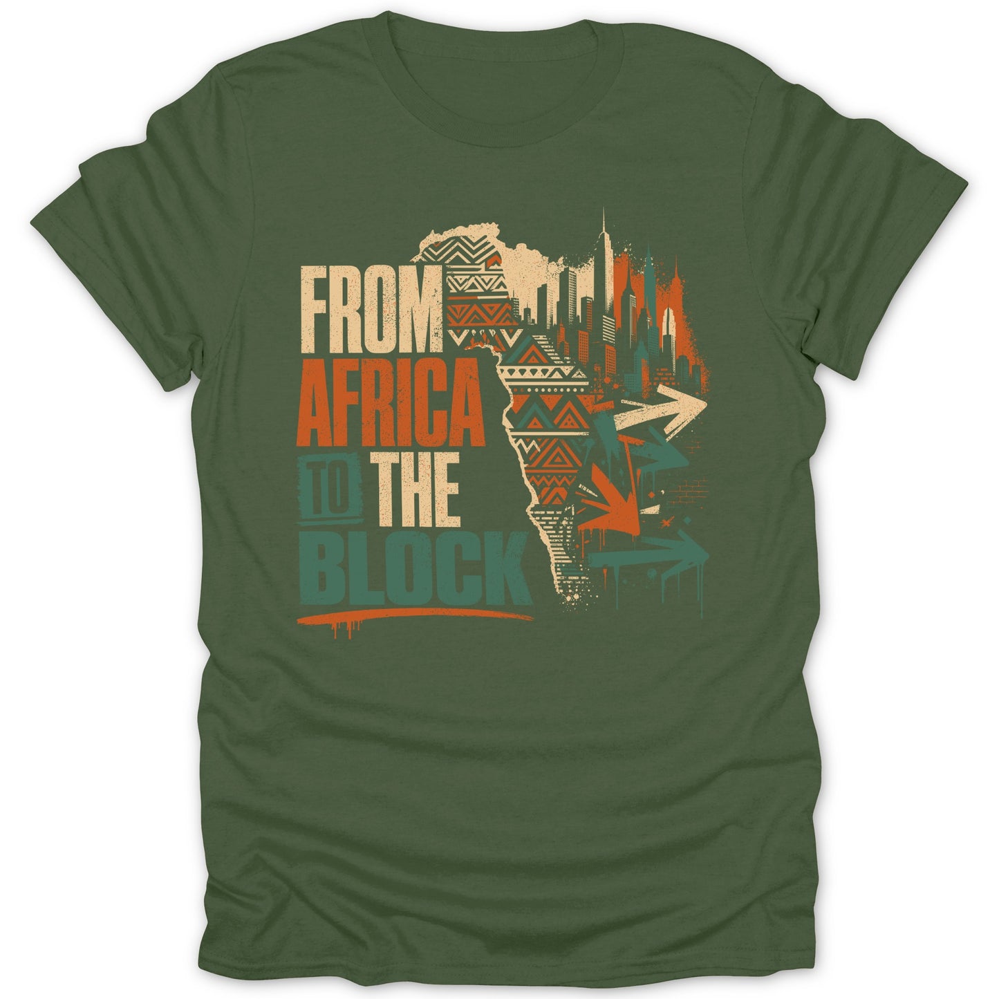 T-shirt with "FROM AFRICA TO THE BLOCK" text, African continent map, and cityscape graphic.