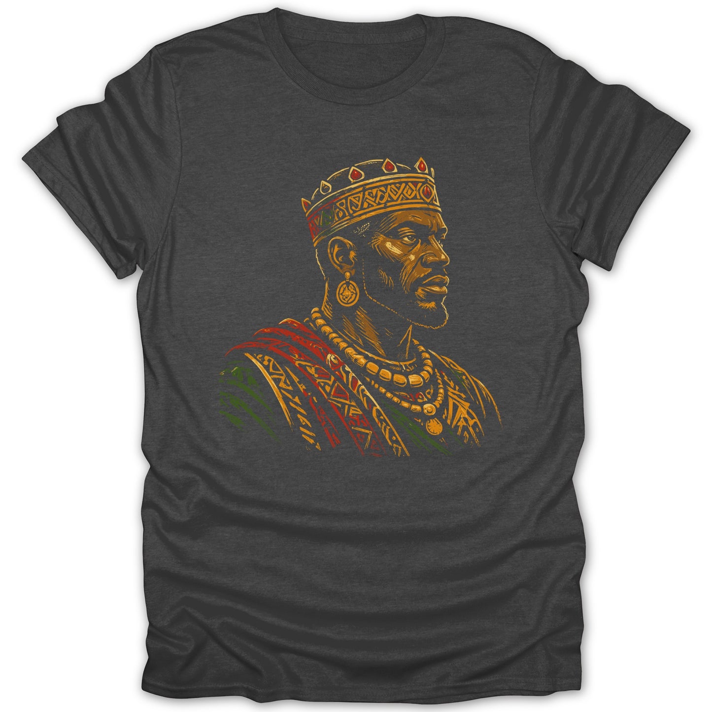 Charcoal t-shirt with a king wearing a crown and ornate jewelry, rendered in a sketched style.