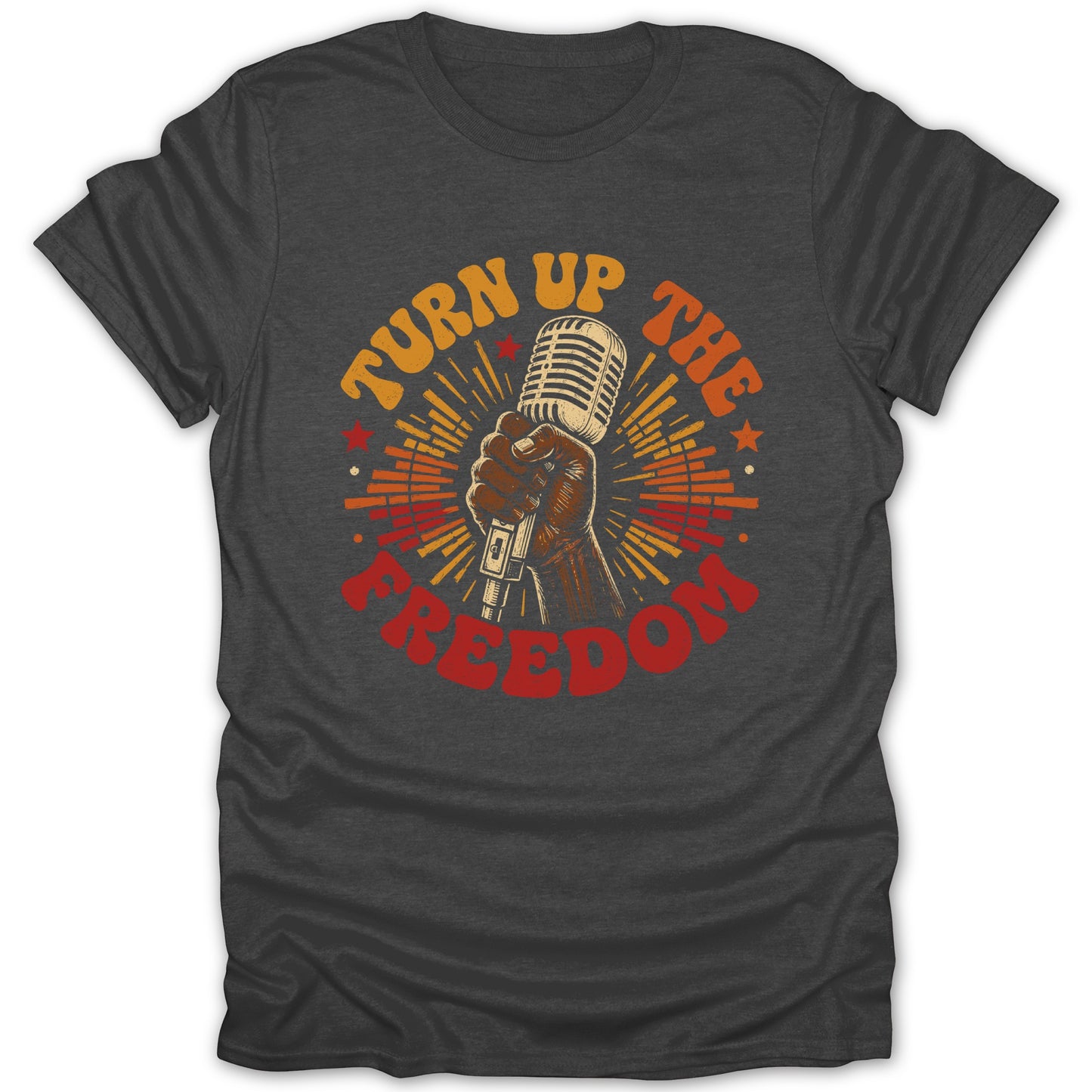 Dark t-shirt with a hand holding a microphone and text "TURN UP THE FREEDOM".