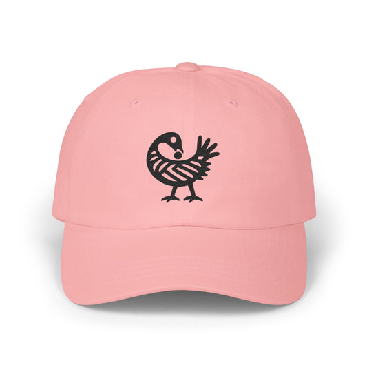 Pink baseball cap with a black Adinkra symbol of Sankofa bird.
