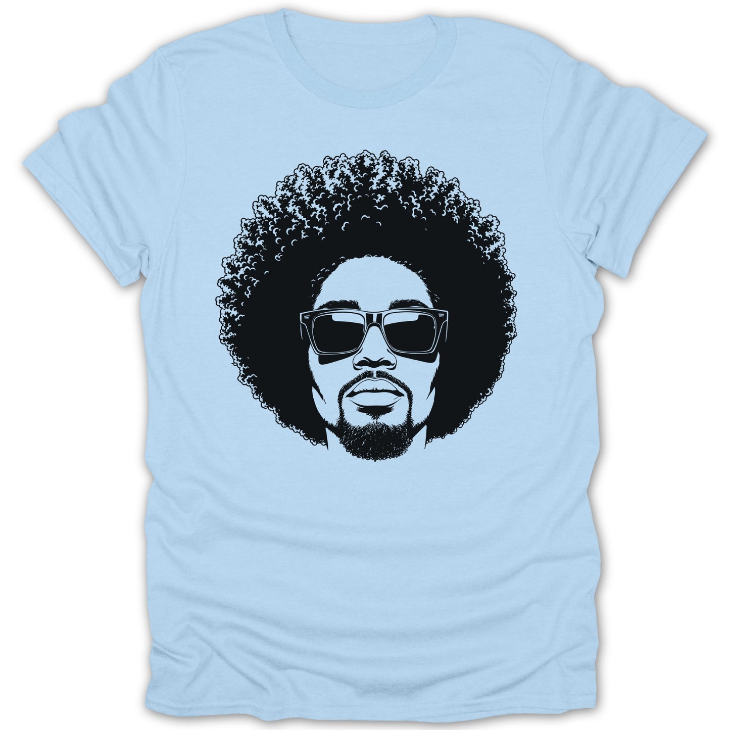 Black graphic of a man with an afro, beard, and sunglasses on a light blue t-shirt.