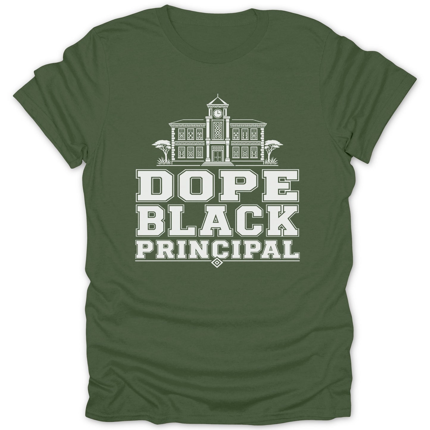Green t-shirt with "Dope Black Principal" text and a building graphic.