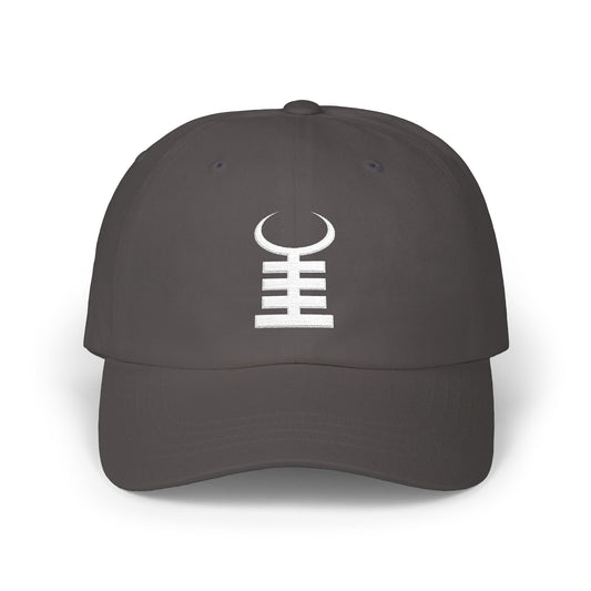 Dark grey baseball cap with a white stylized crescent moon and pillars logo.