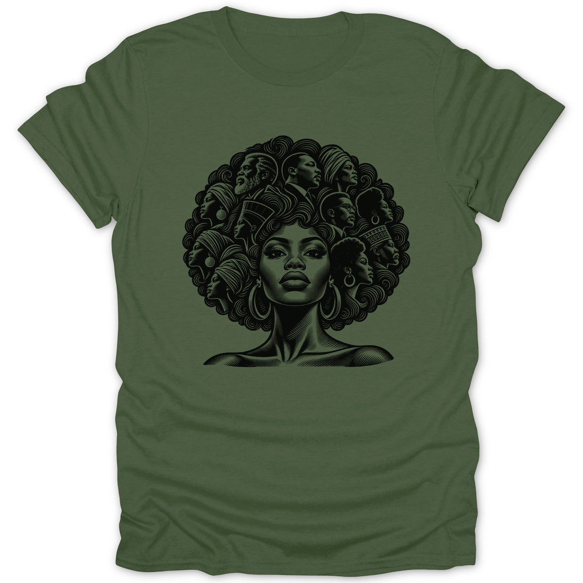 Green t-shirt with black linework illustration of diverse Black faces within a circular afro.