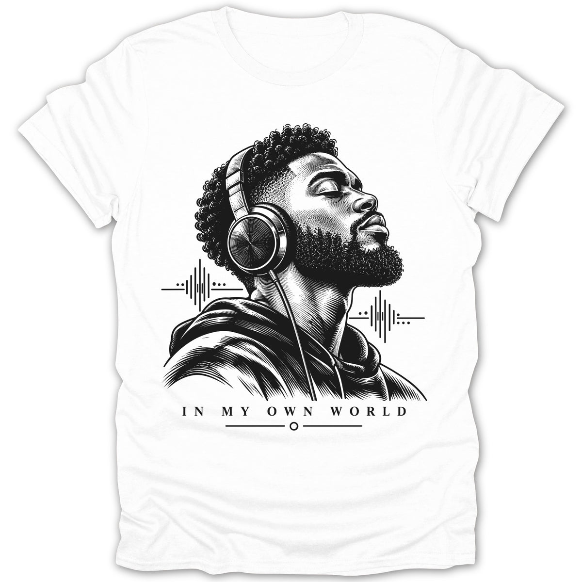 Black and white illustration of a man with headphones, text "IN MY OWN WORLD".