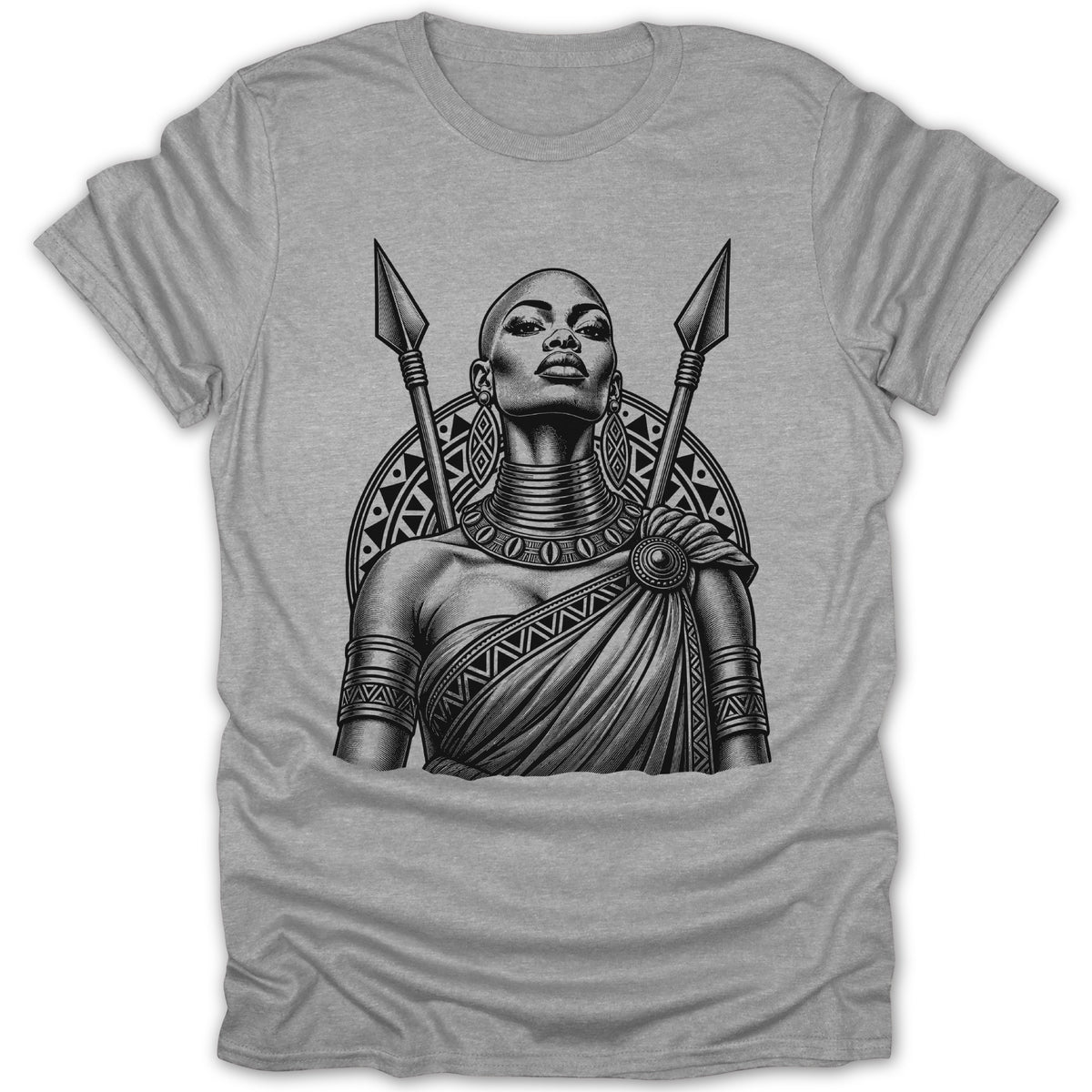 Black and white illustration of a warrior woman with spears and tribal patterns.