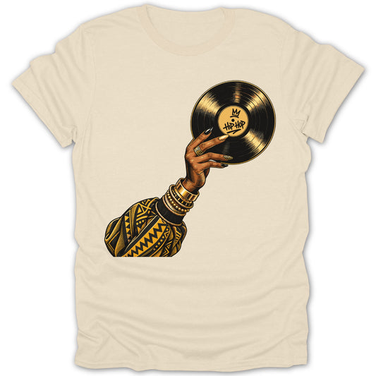 Hand holding vinyl record with "Hip Hop" text, wearing patterned sleeve and jewelry.