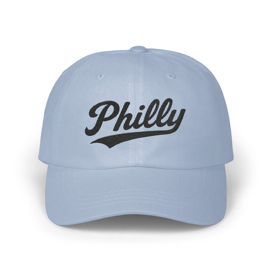 Light blue baseball cap with "Philly" in black script text.