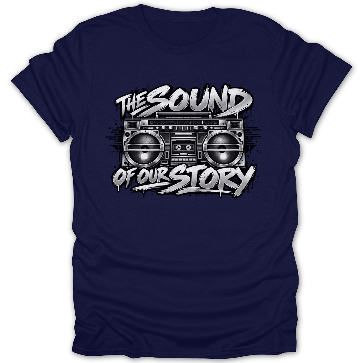 Navy t-shirt with a boombox graphic and the text "THE SOUND OF OUR STORY".