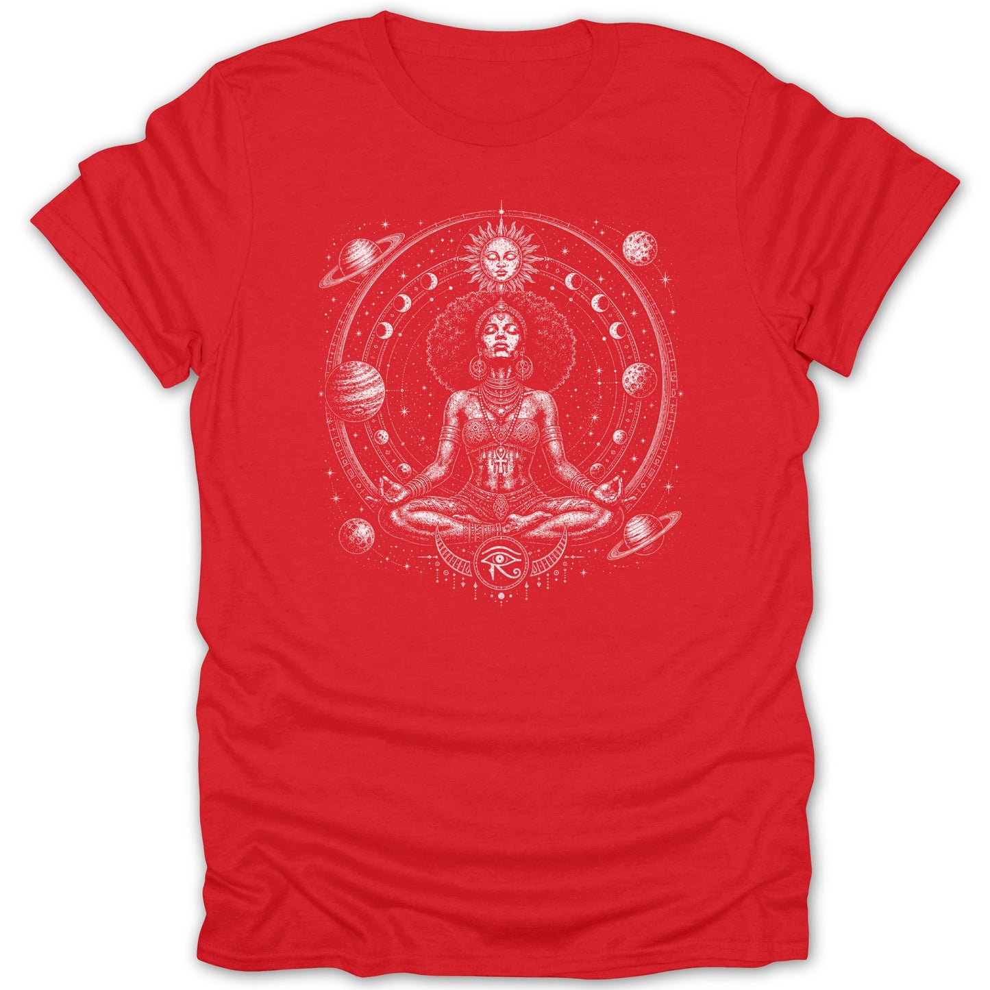 Red t-shirt with white intricate celestial design of a meditating woman and planets.