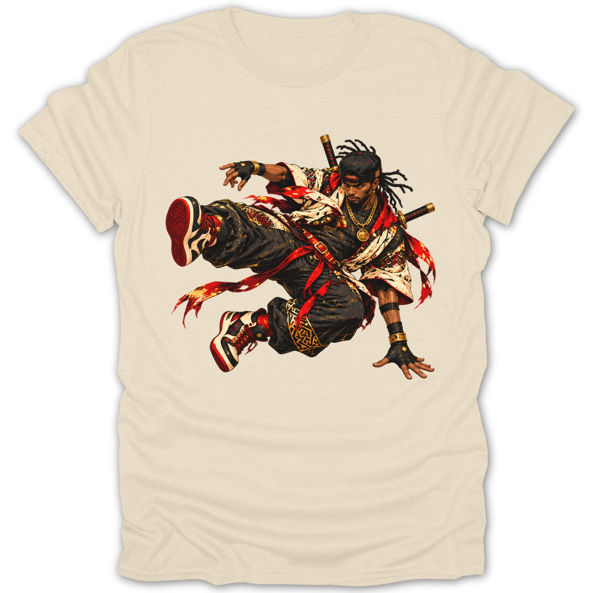 Illustration of a martial artist in dynamic pose with swords on a light colored t-shirt.