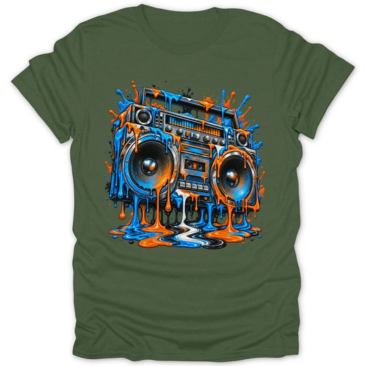 Retro boombox with dripping blue and orange paint graphic on olive green t-shirt.