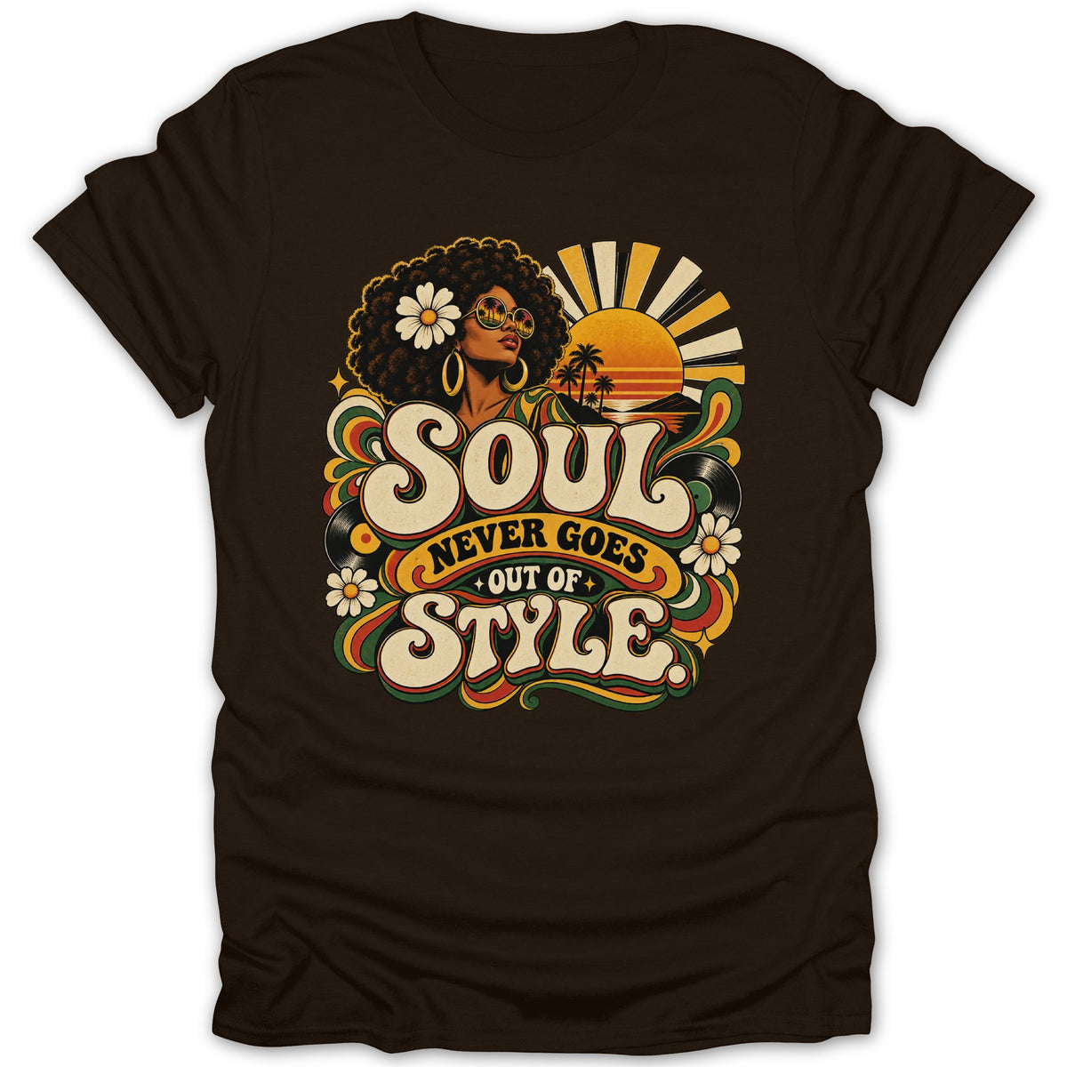 Retro t-shirt graphic with woman and text "Soul Never Goes Out of Style".