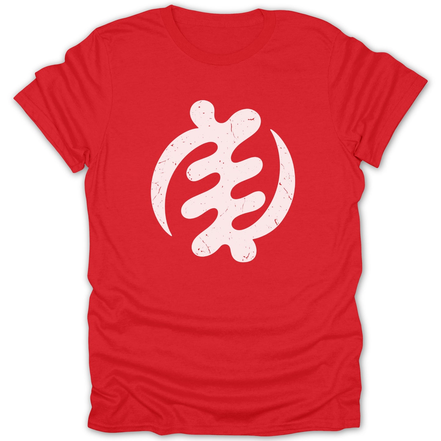 Red t-shirt with a white distressed Gye Nyame symbol on the front.