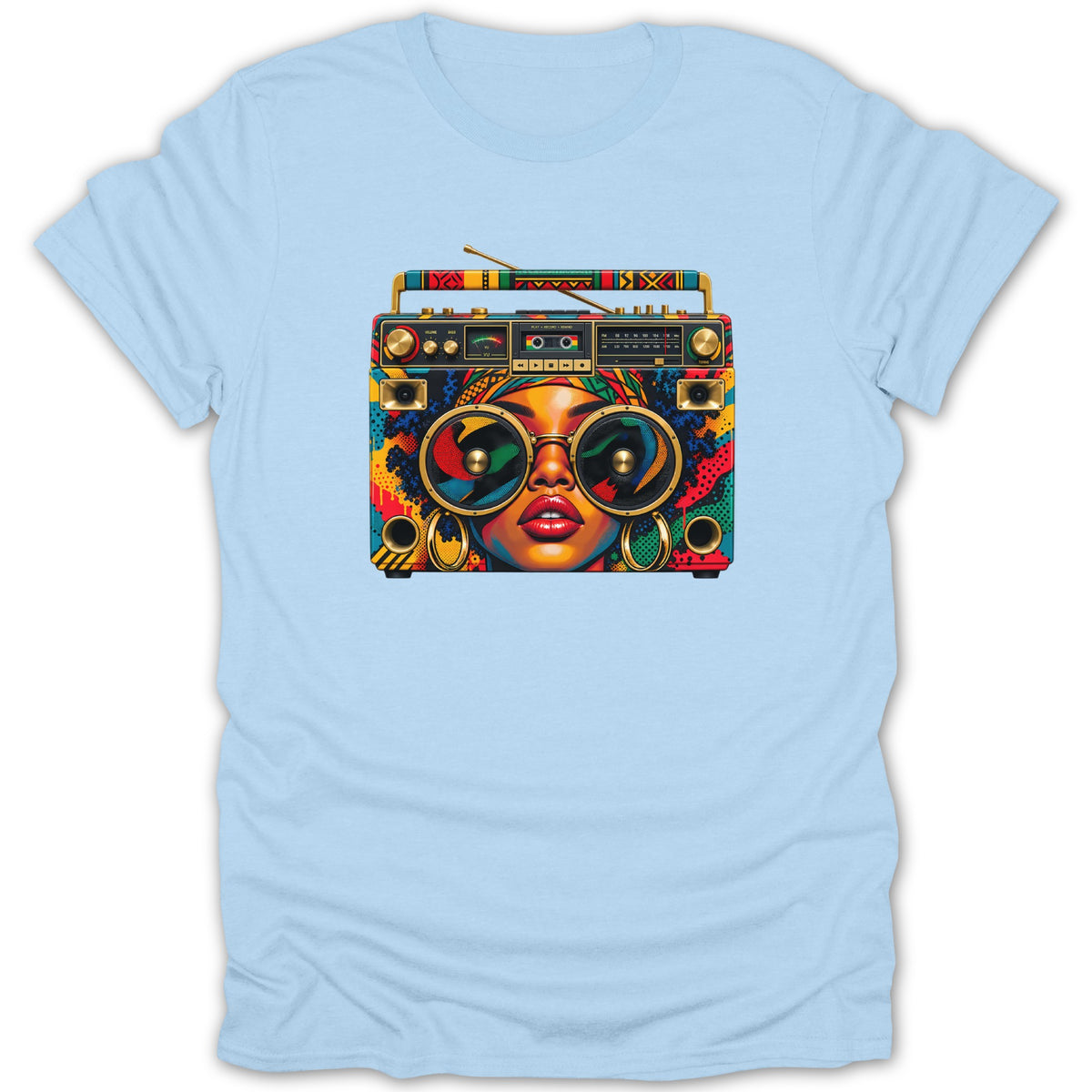 Colorful boombox graphic with woman's face and large sunglasses on a light blue t-shirt.