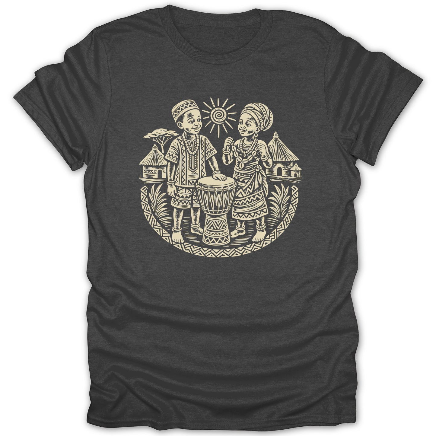 Illustration of two children with a drum in traditional African attire under a sun.