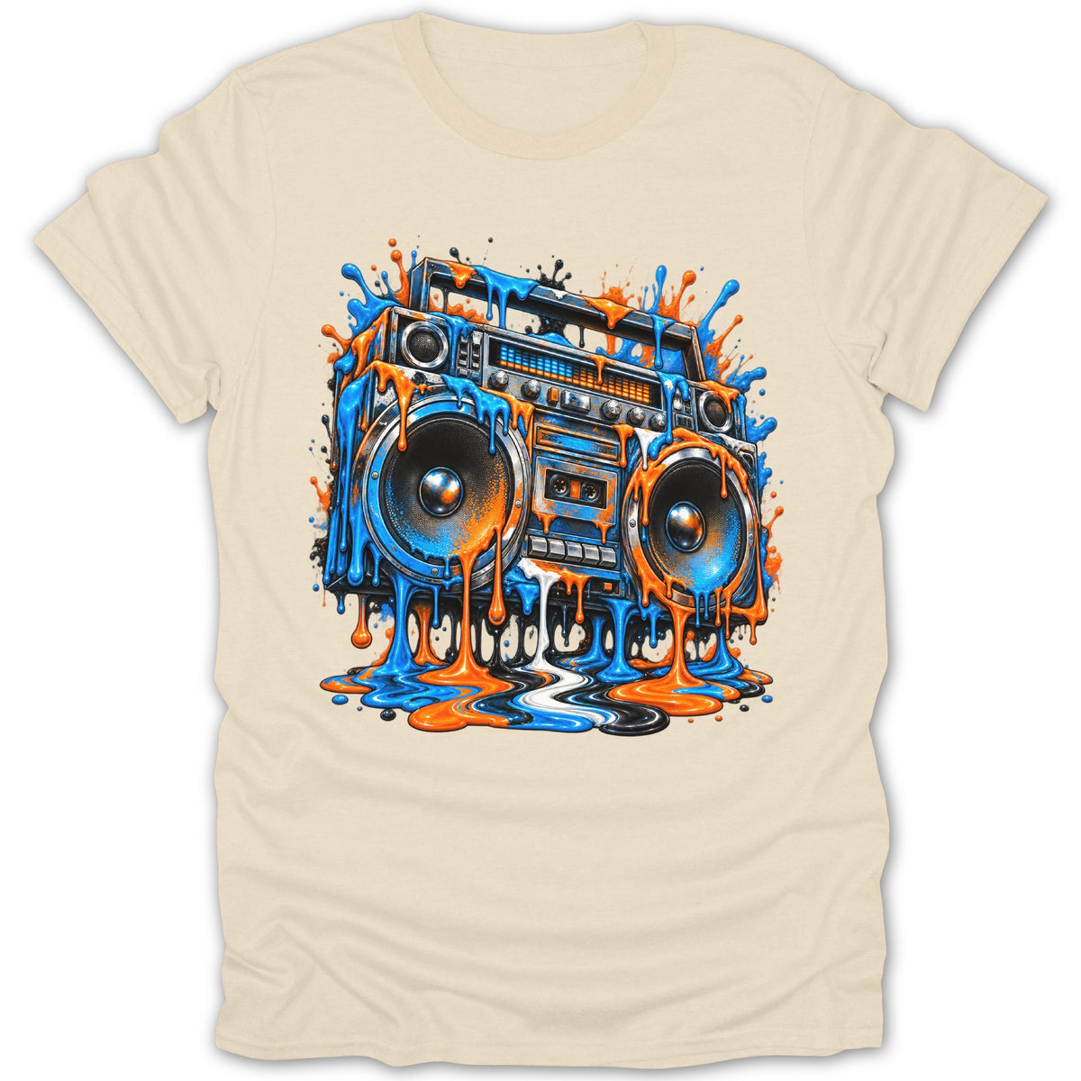 Boombox graphic with dripping blue, orange, and black paint on a cream t-shirt.