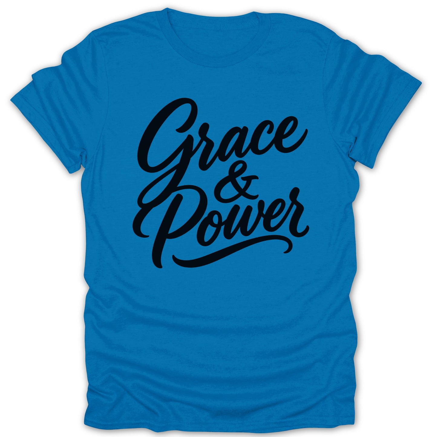 Blue t-shirt with black script text "Grace & Power"