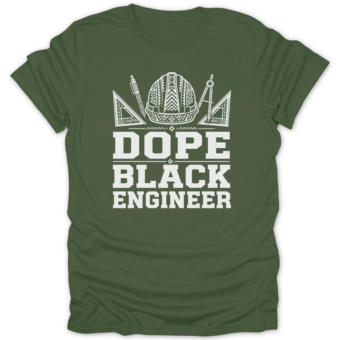 Green t-shirt with white text "DOPE BLACK ENGINEER" and engineering graphics.