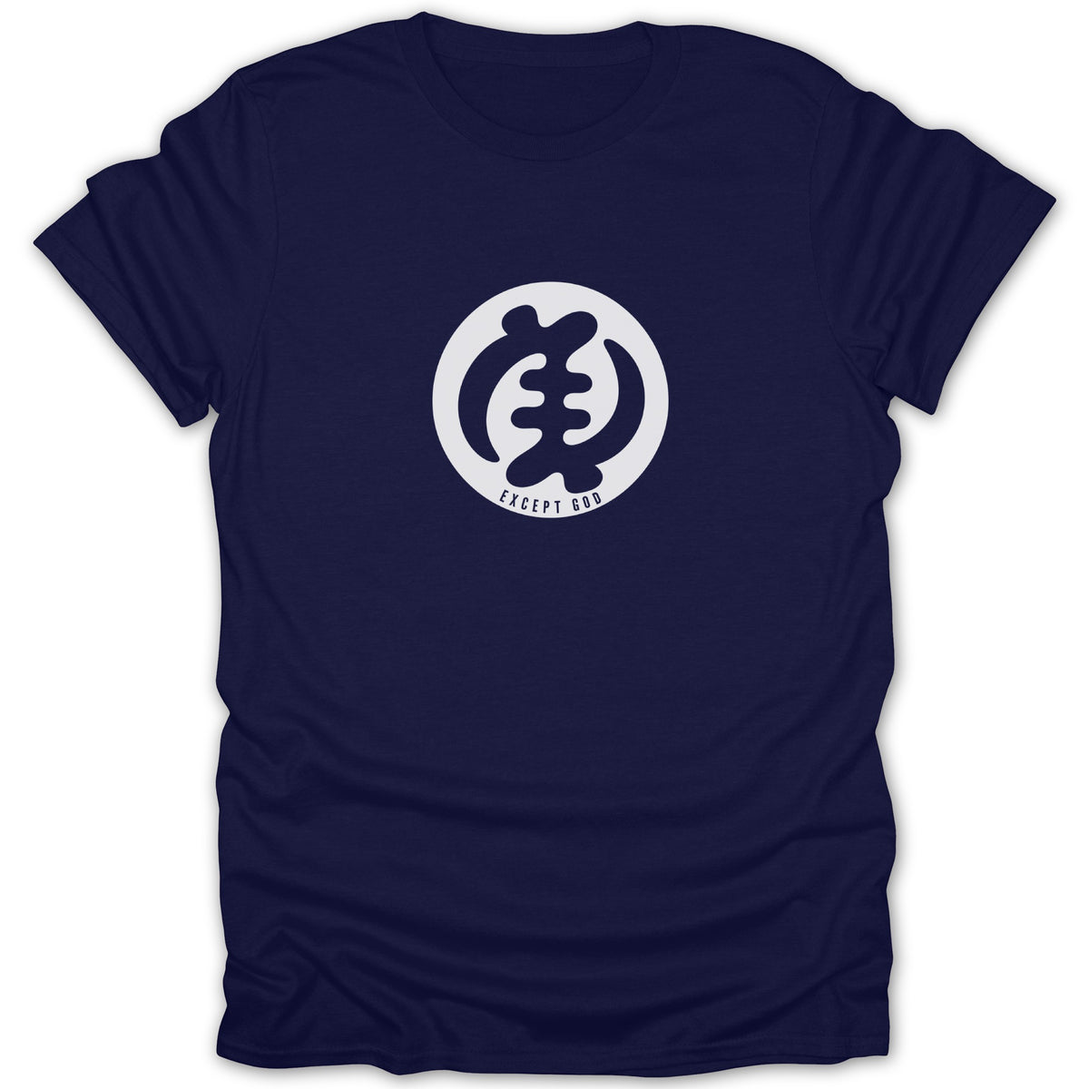 Navy blue short-sleeve t-shirt with a white circular graphic featuring the Adinkra symbol Gye Nyame and the text EXCEPT GOD.