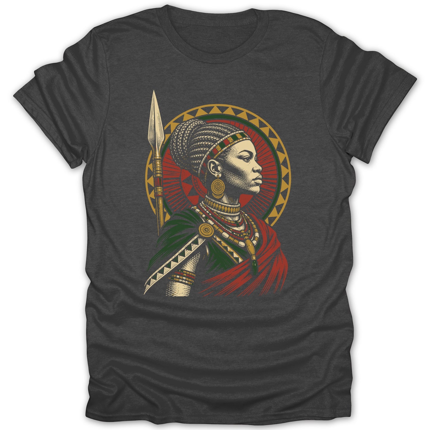 T-shirt with illustration of a Black woman in profile holding a spear.