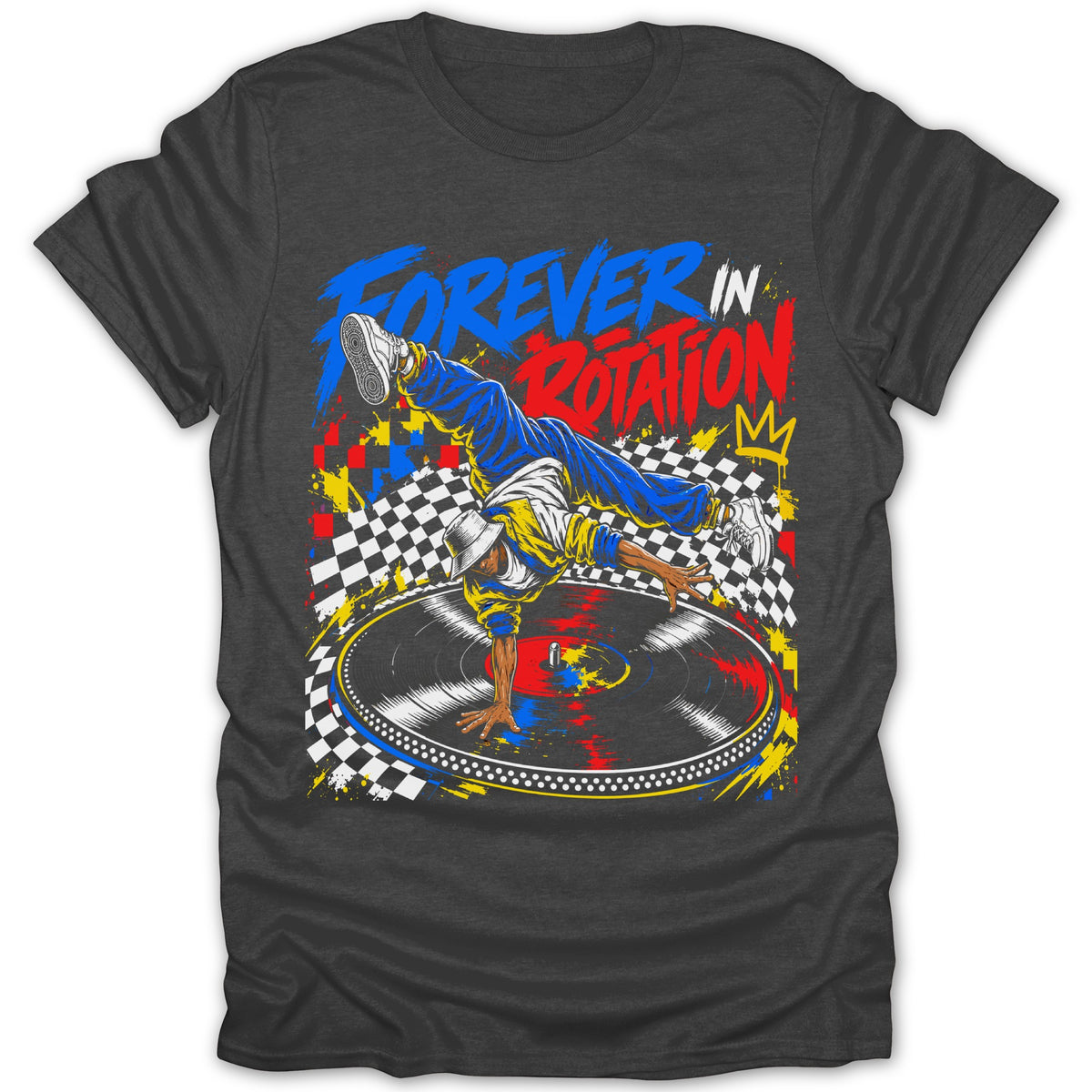 Breakdancer on turntable with "FOREVER IN ROTATION" text and graffiti-style background.