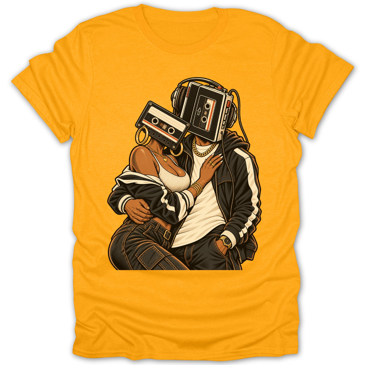 Couple with cassette tapes for heads wearing headphones and jewelry embrace on yellow shirt.