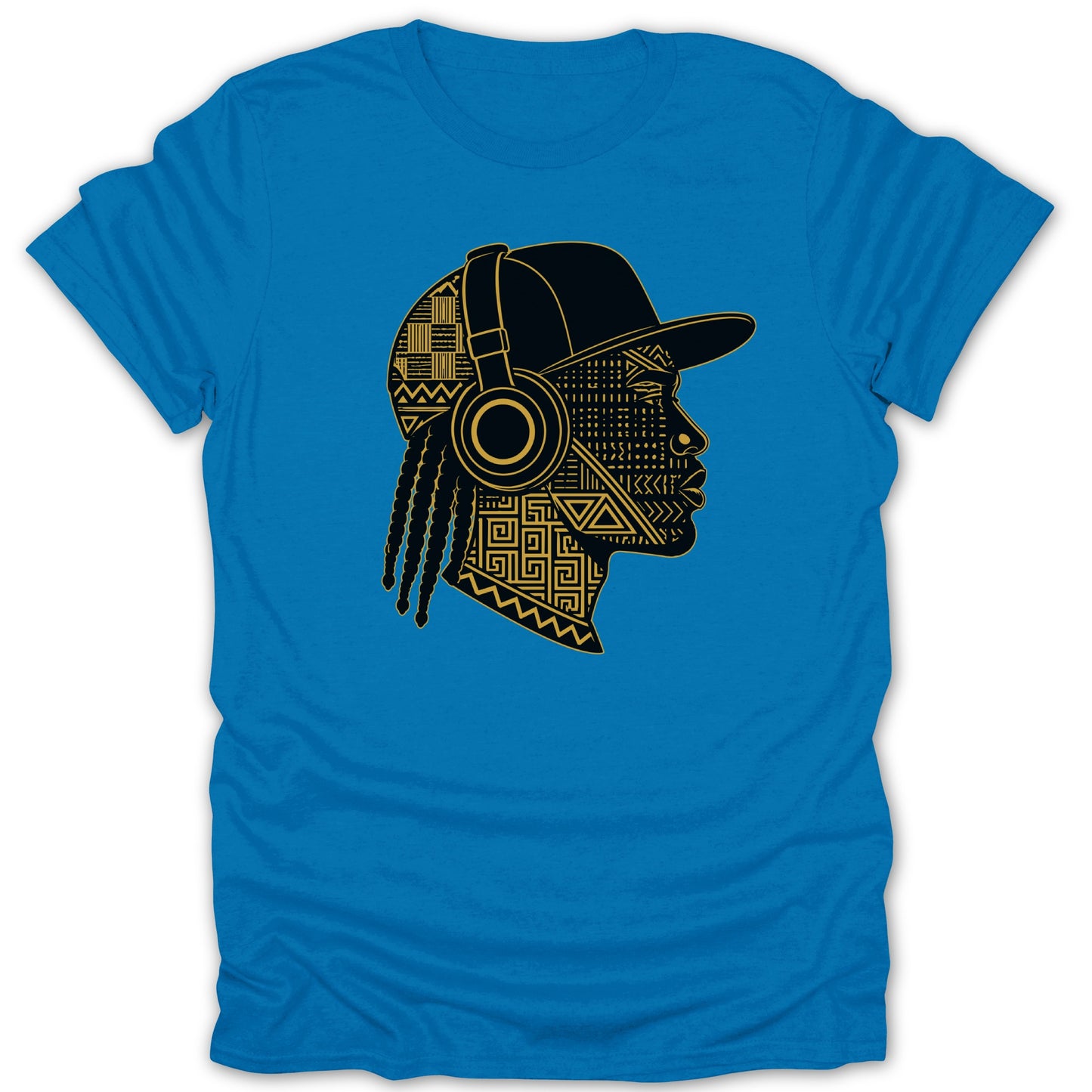 Black and gold abstract face with headphones and braids graphic on blue t-shirt.