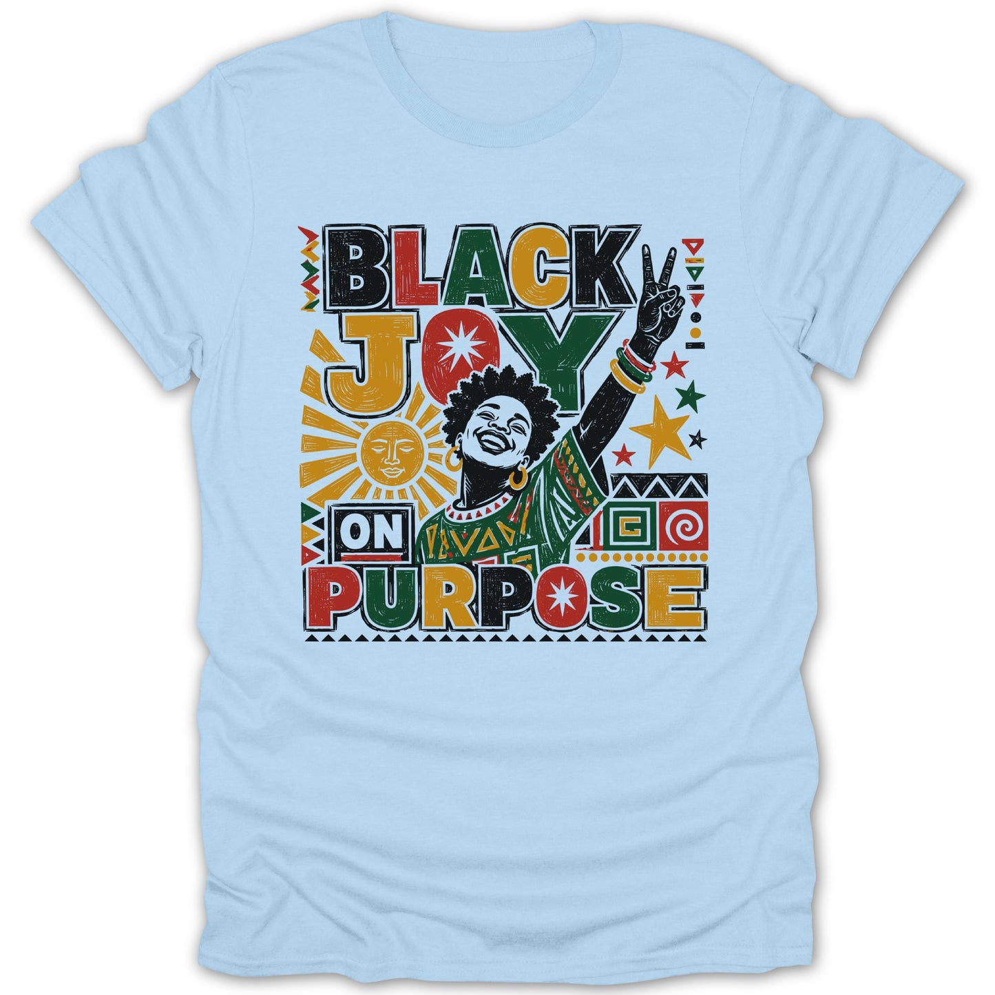 Light blue t-shirt with graphic: "BLACK JOY ON PURPOSE" and sun.