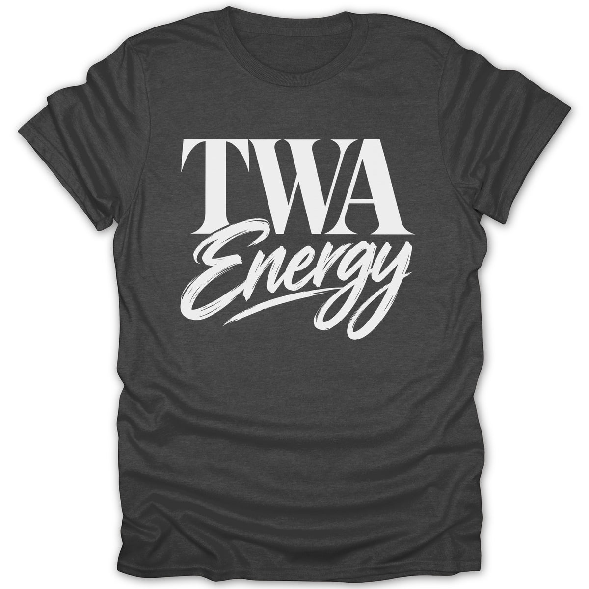 Dark gray t-shirt with white "TWA Energy" text in block and script fonts.