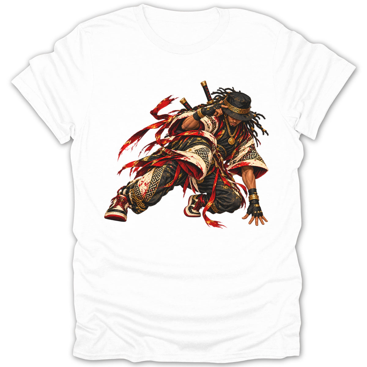 Illustration of a warrior in a crouched pose on a white t-shirt.