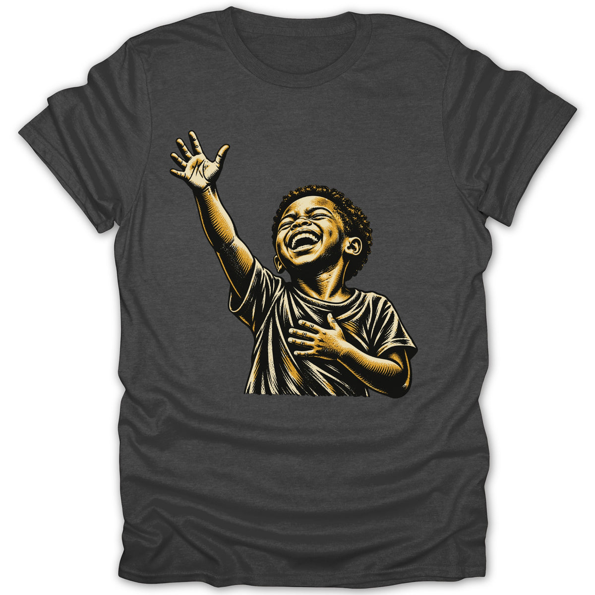 T-shirt with a graphic of a joyful child with arm raised and hand on chest.