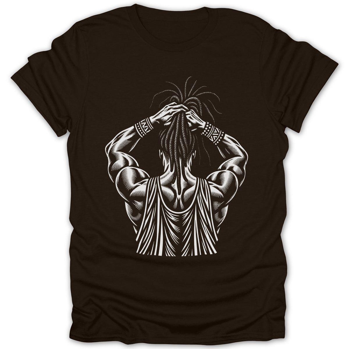 Brown t-shirt with a white ink drawing of a man's back and arms.