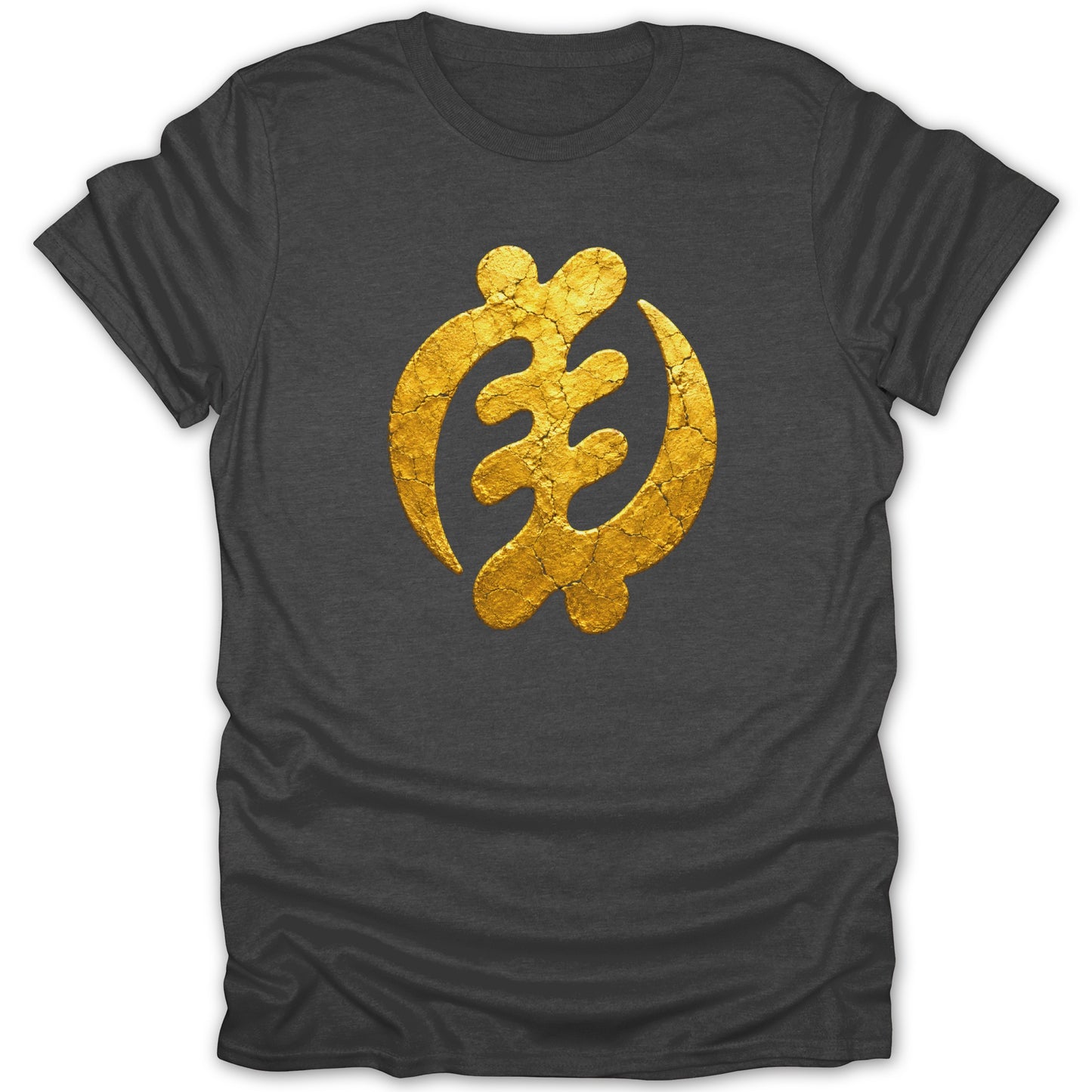Dark gray t-shirt with a cracked gold Gye Nyame symbol.