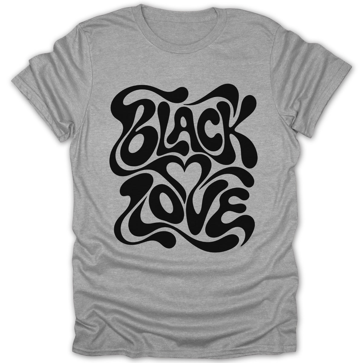 Grey t-shirt with black "Black Love" text in a groovy font.