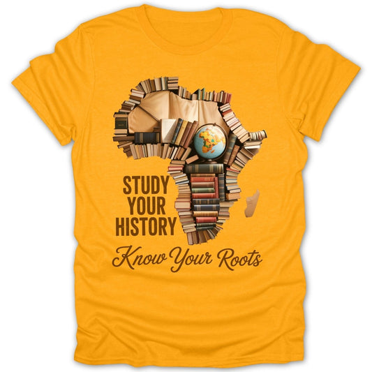 Yellow t-shirt with Africa map made of books, a globe, and text.