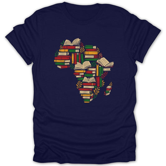 Africa shaped by stacked books with leaves, on a navy t-shirt.