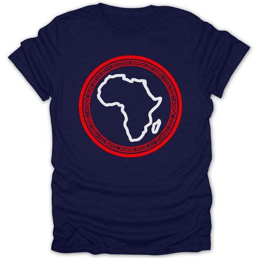 Navy t-shirt with white outline of Africa inside a red circular tribal pattern.