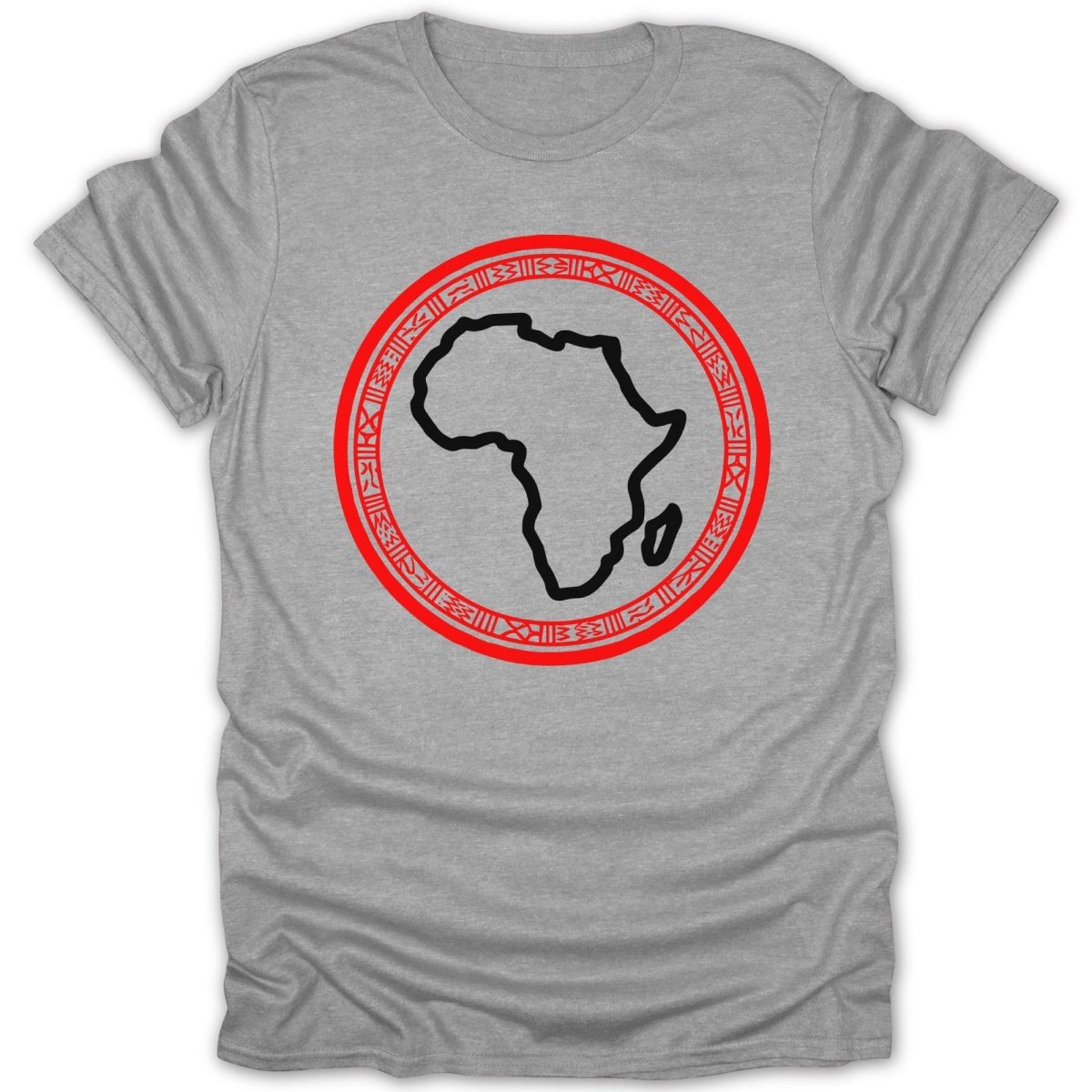 Grey t-shirt with a black outline of Africa inside a red and black circular tribal design.
