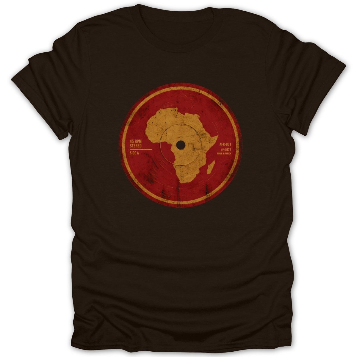 Dark t-shirt with vintage-style record label featuring Africa map graphic.