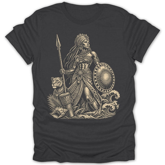 Tribe warrior with spear and shield stands next to a leopard and drum.
