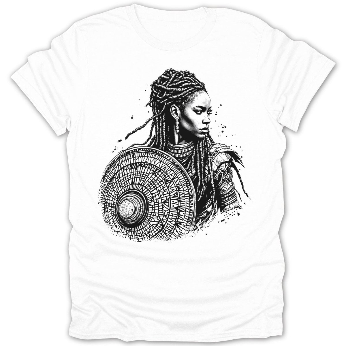 Black and white graphic of a warrior woman with dreadlocks holding a shield.
