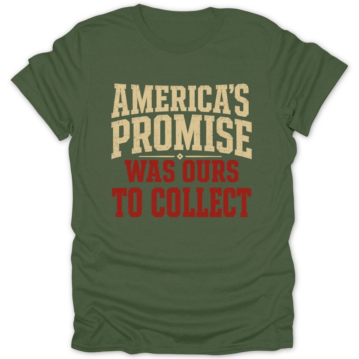 Green t-shirt with distressed text "AMERICA'S PROMISE WAS OURS TO COLLECT".