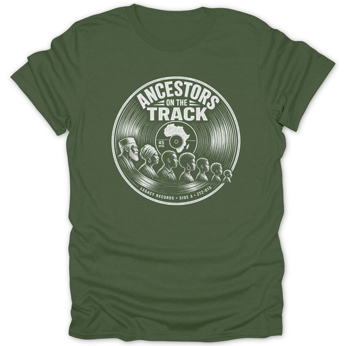 Green t-shirt with "Ancestors on the Track" vinyl record design featuring profiles.
