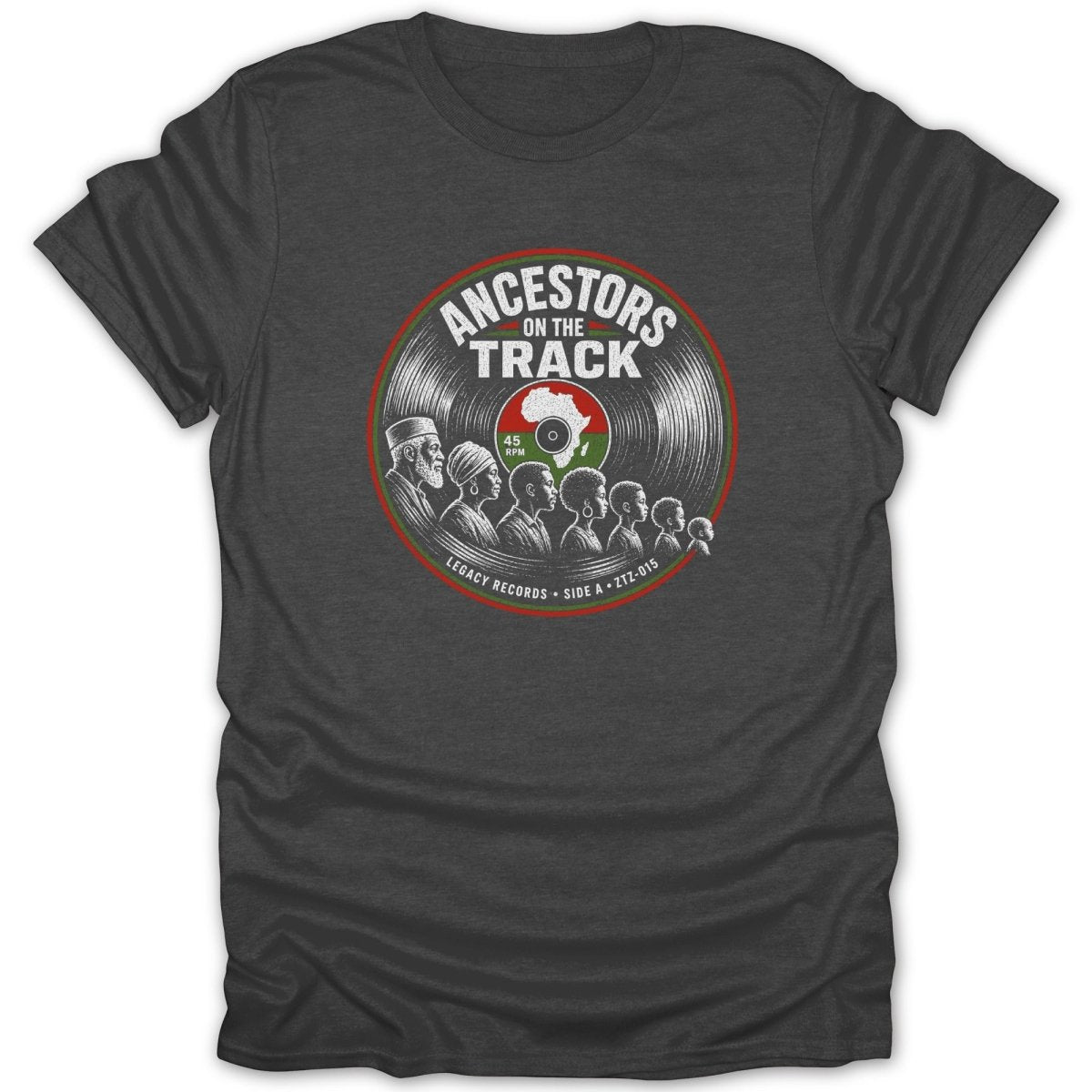 T-shirt with vintage record graphic depicting ancestors and "Ancestors On The Track" text.