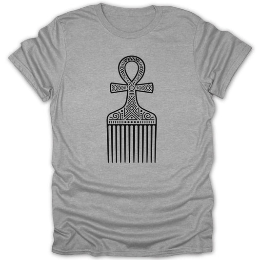 Grey t-shirt with a black ankh comb graphic and tribal patterns.