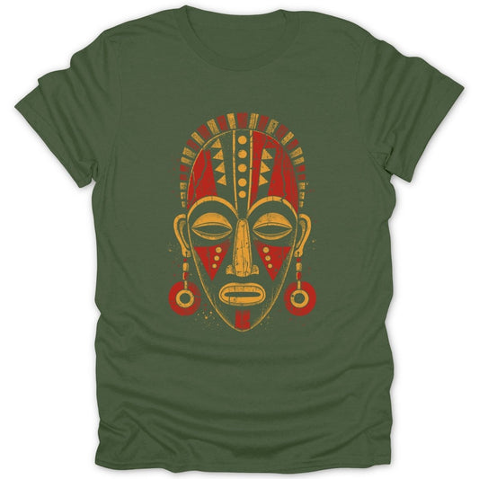 Green t-shirt with a distressed red and yellow tribal mask graphic.